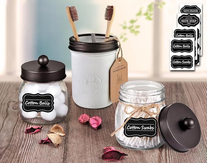 Mason Jar Bathroom Accessories Set(4pcs)-Jars Not Included - Foaming Soap Dispenser and Apothecary Jars Lids for Regular Mouth jar, Wide Mouth Toothbrush Holder lid, Farmhouse Decor-Bronze