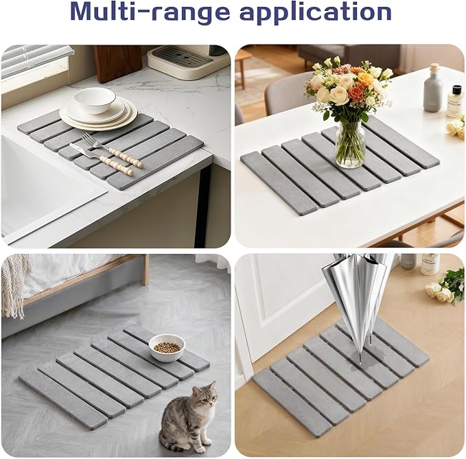 ODE TO ORDER 15.76 Inch Super Absorbent Diatomaceous Earth Mat for Bathroom, Light Grey Easy Clean Rollable Foldable Stone Bath Mat, Non-Slip Quick Dry Shower Mat for Kitchen, Outdoor Use