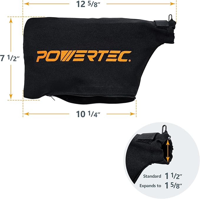 POWERTEC Miter Saw Dust Collector Bag for 7-1/4", 8-1/2" Miter Saw, Fits Nominal 1-1/2" Dust Ports, Hook and Loop Dust Bag w/Zipper, Wired Adjustable Stand Miter Saw Accessories (75081-P2)