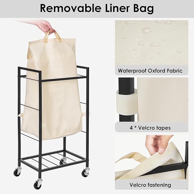 Laundry Hamper with Rustic Brown Lid & Wheels; 96L Large Rolling Laundry Basket with Removable Oxford Liner Bag; Tall Freestanding Dirty Clothes Hamper with Side Pocket; Metal Frame Laundry Cart