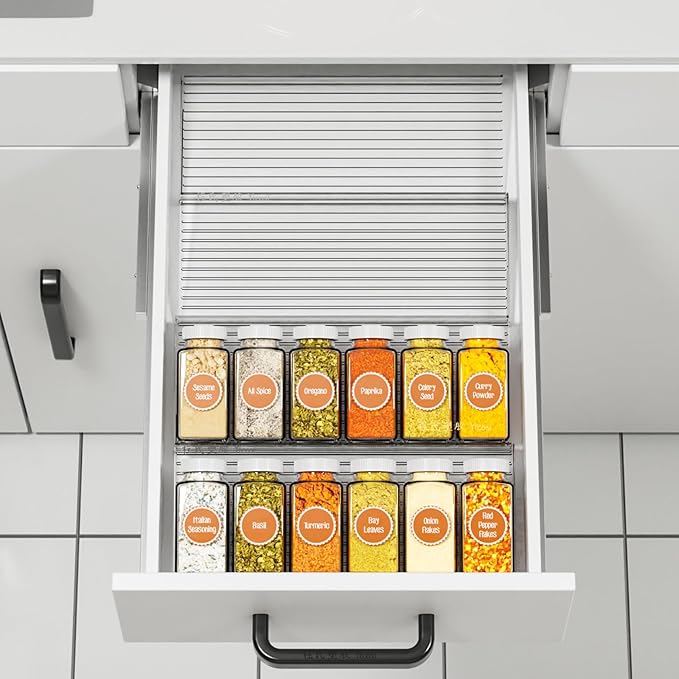 Yieach 4 Pack Adjustable In Drawer Spice Organizer - Expandable From 11'' to 22'' - Acrylic Drawer Seasoning Organizer,Clear Spice Organization Tray for Cabinet Drawers Condiment,Nail Polish and Jar