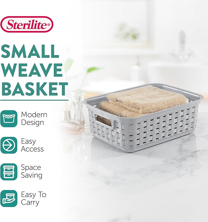 Sterilite 11 Inch Small Weave Open Bin Wicker Storage Basket Home Organizer Tote for Countertops, Bookshelves, and Closets, Cement, 8-Pack