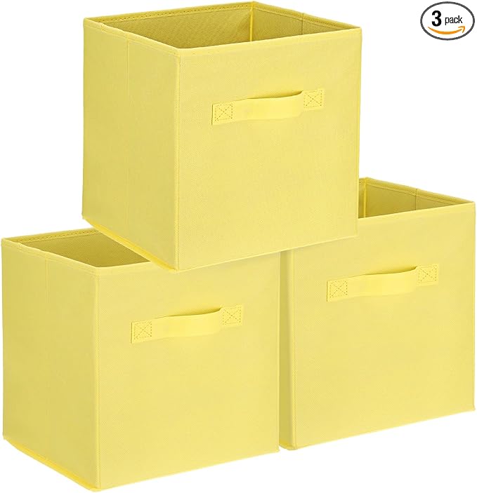 uxcell 3Pcs Fabric Storage Bins, 11 Inch Cube Storage Bin Foldable Storage Cube Organizer Bins with Handles for Shelf Closet, Nursery Home, Bedroom(Yellow)