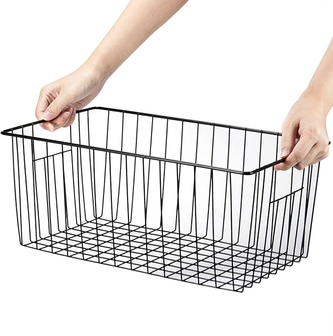 4 Pack Freezer Organizer Bins - Stand up Freezer Organizers for 16 Cu.Ft Upright Freezer, Easily Get Food Improve Air Circulation, Wire Storage Baskets, Black