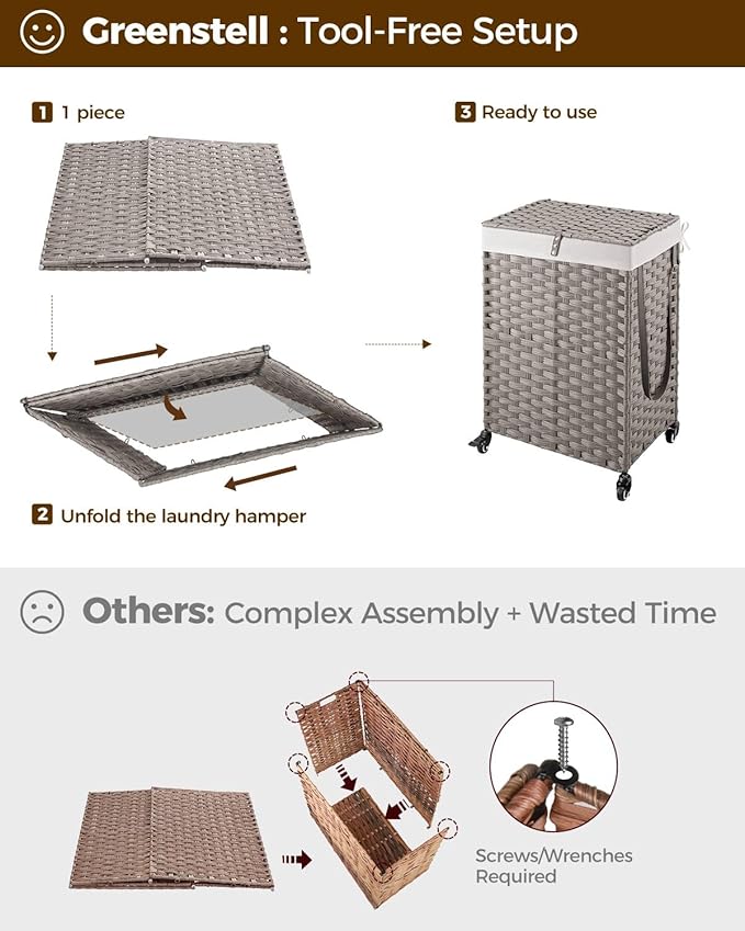 Greenstell Laundry Hamper with Wheels, No Install Needed, 90L Divided Handwoven Hampers & 2 Removable Liner Bags, Rattan Clothes Laundry Basket with Lid & Handles, Foldable Hampers Gray 18x13x26.4 In