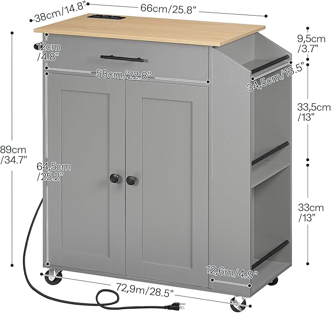 HOOBRO Kitchen Island with Power Outlet, Storage Island with Spice Rack and Drawer, Rolling Kitchen Cart on Wheels, for Home, Dining Room, Natural and Gray GN82UZD01