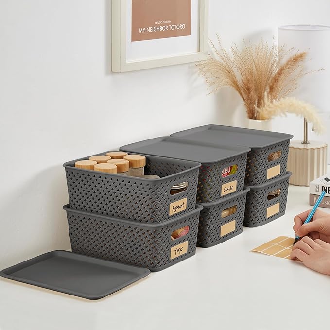 Small Plastic Twill Woven Storage Baskets with Lids, Stackable Organizing Containers with Labels for Pantry Closet Office, 6-Pack,10.35"x7.3"x4.09", Gray