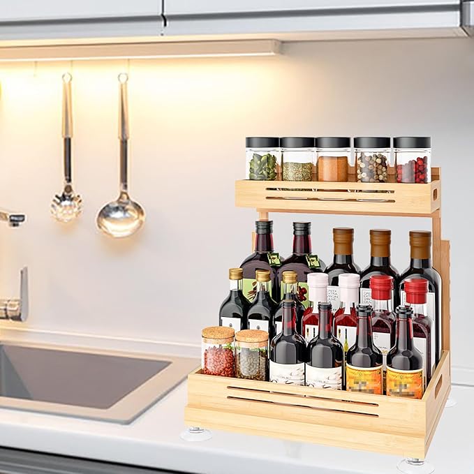 Under Sink Organizer, Pull Out Cabinet Organizer, 2 Tier Slide Out Sink Shelf Cabinet Storage Shelves, Storage for Kitchen Bathroom, Natural Premium Bamboo Wood