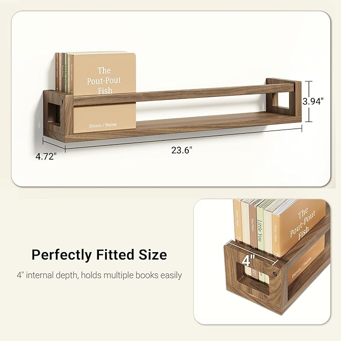 Upgraded Thick Floating Shelves - 24 Inch Multi-Use Wall-Mounted Bookshelves for Kids and Nursery, Ideal for Books, Toy, Spice Rack, Decor - Walnut Brown