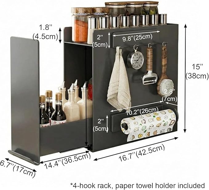 2 Tier No Assembly Pull Out Spice Rack Countertop, Sliding Drawer Seasoning Condiments for Tall Bottles, Steel Kitchen Organizer with Magnetic Panels with Paper Towel Holder and 4 Hooks
