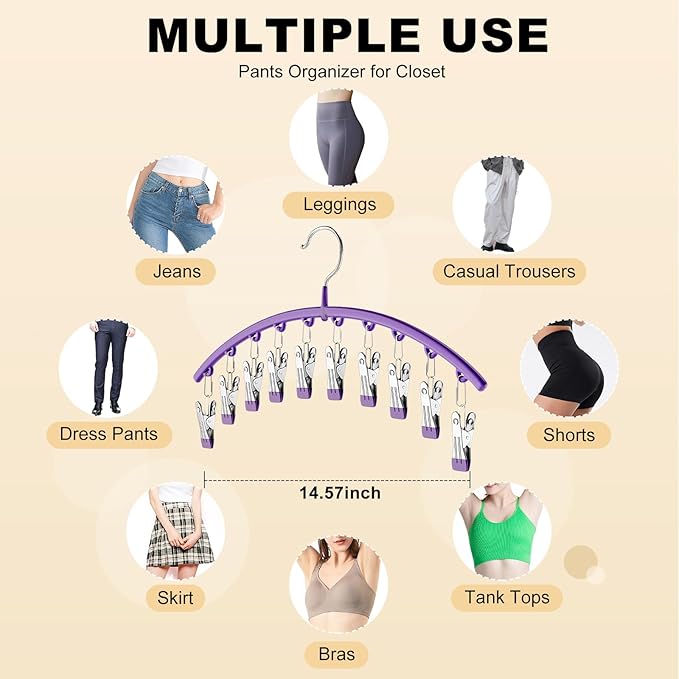 Legging Organizer for Closet, Metal Yoga Pants Hanger w/Rubber Coated 1 Pack w/10 Clips Hold 10 Leggings, Hangers Space Saving Hanging for Closet Organizers and Storage-Purple