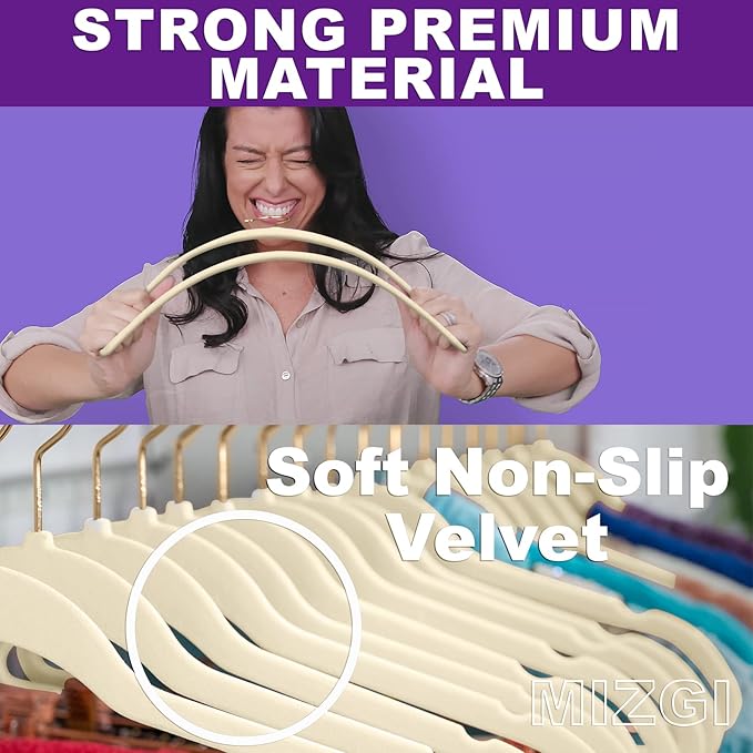 MIZGI Premium Velvet Hangers Pack 60 Pcs Heavyduty - Non Slip Slimline - Velvet Suit Hangers Ivory - Gold Hooks,Space Saving Clothes Hangers
