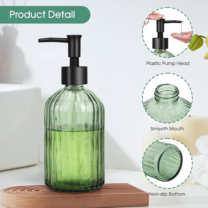 Topsky 2 Pack Glass Soap Dispenser with Black Plastic Pump, 400ml Liquid Hand Soap Dispenser, Rustproof Pump for Kitchen & Bathroom, Great for Lotions, Essential Oil, Liquid Soaps-Clear & Green