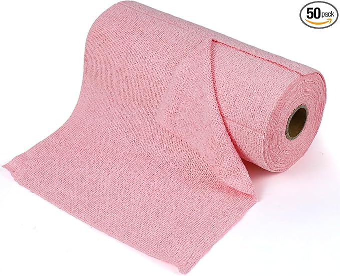 wuyaoyao 50PCS Microfiber Cleaning Cloth Roll, 10"×10" Tear Away Microfiber Towels, Reusable Washable Cloth Paper Towels, Multi-Purpose Cleaning Rags for Car Home Kitchen Garage Shop (Pink)