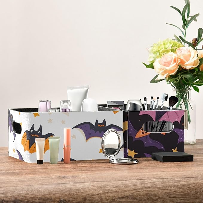 White Black Halloween Bats and Stars Closet Storage Bins 2 Pcs Felt Open Home Storage Containers Organizer with Handles Collapsible Shelf Basket for Home Office Craft Room Classroom Fabric