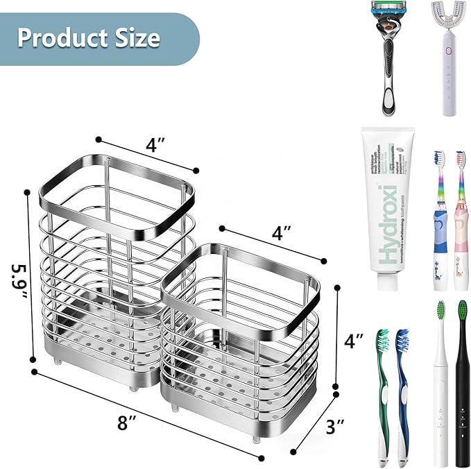 MYITYARD Toothbrush Holder for Bathroom, Stainless Steel Ventilated Electric Toothbrush & Toothpaste Holder, Modern Metal Bathroom Toothbrush Organizer, Bathroom Accessories, 2 compartments