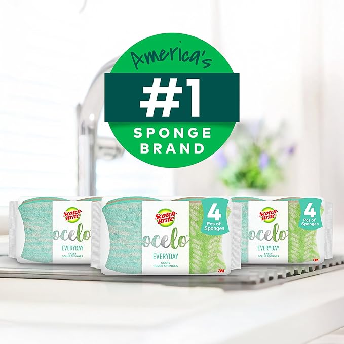 Scotch-Brite ocelo Non-Scratch Scrub Sponges, Assorted Designs, Scratch-Free for Nonstick Cookware & Dishes, Kitchen & Bathroom Use, Reusable Multi-Surface Cleaning Sponges (12 Count (Pack of 3))