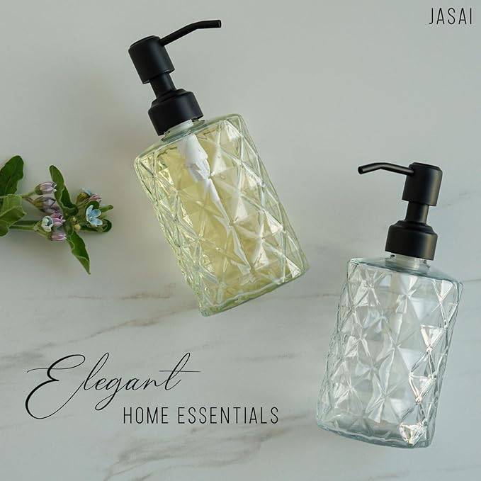 JASAI Diamond Design 12 Oz Glass Soap Dispenser with Black Pump, Small Hand soap Dispenser with Rust Proof Pump, Bathroom Soap Dispenser for Hand Soap, Soap, Lotion(Black).