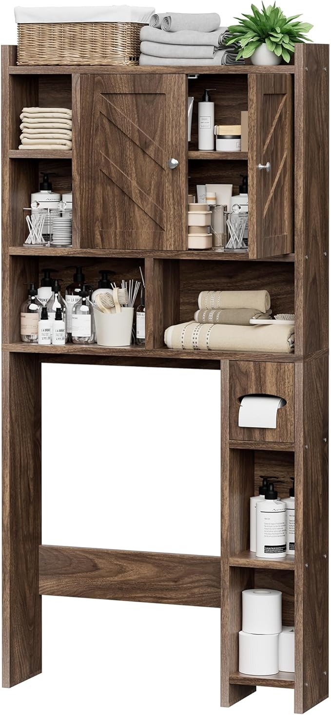 Meilocar Over The Toilet Storage Cabinet, Freestanding Storage Cabinet Over Toilet, Bathroom Storages Organizer Cabinets with Toilet Paper Holder Stand and Adjustable Shelf, Walnut