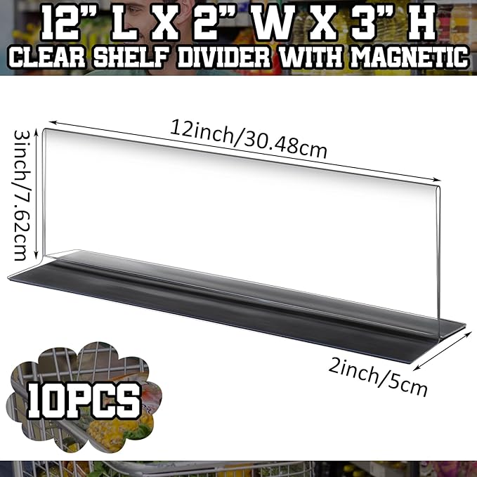 Geelin 10 Pcs Clear Shelf Divider with Magnetic 12" L X 2" W X 3" H Plastic Shelf Separator Closet Divider, Clapboard Baffle for Storage Bedroom Bathroom Kitchen Office Supermarket Organization
