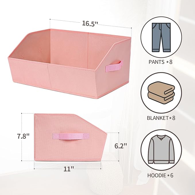 Closet Baskets for Shelves Trapezoid - Decorative Storage Baskets with Handle, Closet Bins for Organization, Shelf Storage Bins for Clothes, Books, Home, Office, 4 Pack, Pink
