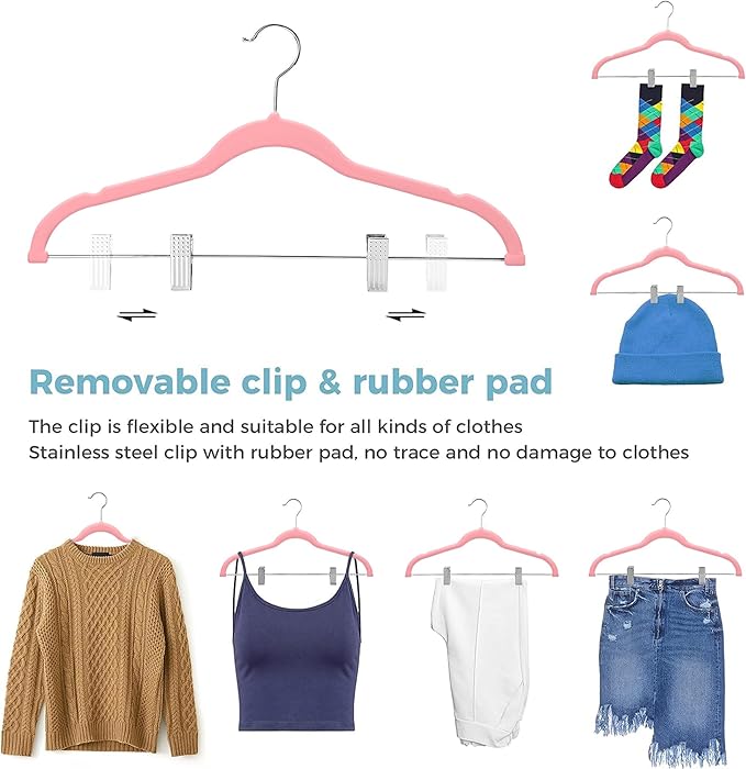 VECELO 40 Pack Velvet Clothes Hangers with Adjustable Clips,Heavy-Duty Non Slip & Space-Saving with 1 Magic Hangers & 2 Tie Rack for Suit Coat Pants Skirt Dresses