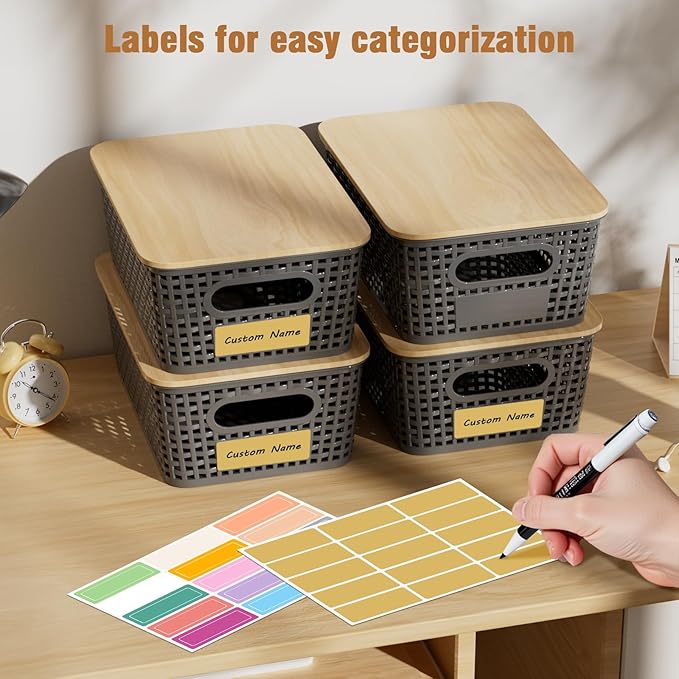 8 PCS Plastic Storage Bins with Bamboo Lid, Stackable Storage Bins with Lids & Labels for Organizing, Storage Bins for shelves, Office, Drawer, Cabinet & Pantry,Nursery Organization,10.2x7.2x4 .1In