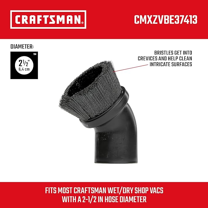 CRAFTSMAN CMXZVBE37413 2-1/2 in. Dusting Brush Wet Dry Vac Attachment, Industrial-Grade Shop Vacuum Accessory for Cleaning Stubborn Debris, Fits 2-1/2 in. Hose Diameter