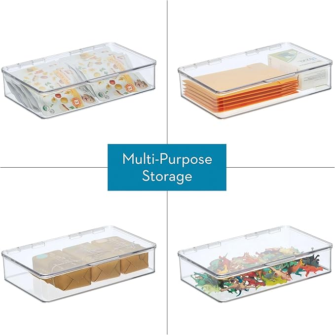 iDesign Plastic Stackable Hinged-Lid Pantry or Kitchen Storage Box - Set of 4 - Clear