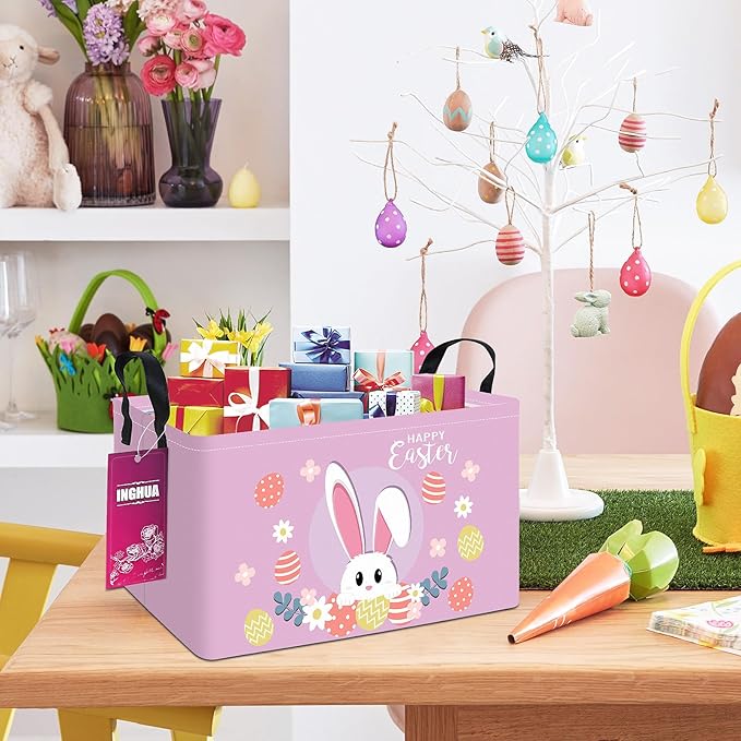 Rectangular Storage Basket Fabric Organizer Bin for Toys,Books,Clothes,Gifts,Pets-Perfect for Home,Office,Nursery,Dorm,Shelf(Rec-Easter rabbit)