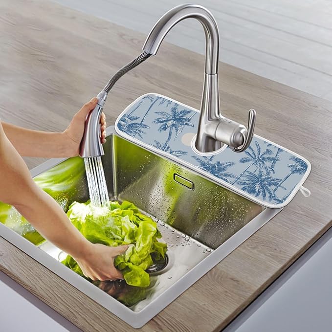 Sink Faucet Absorbing Mat Kitchen Sink Splash Guard Splash Faucet Drip Catcher for Bar RV Bathroom 2PCS 30x5.5in Blue Tropical Trees and Sun