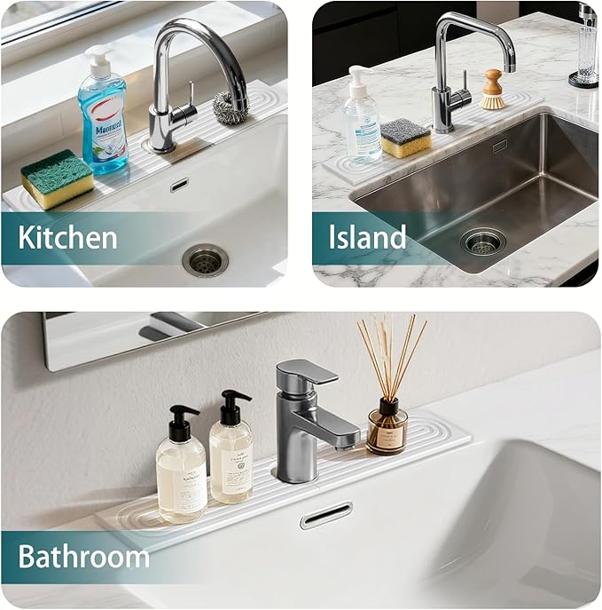 Stone Sink Mat for Kitchen - Water Absorbent Stone Tray, Quick Dry Faucet Mat, Kitchen Sink Splash Guard,Sink Mat & Base Faucet Mat for Counter Protection[White, 23.6"x4"]