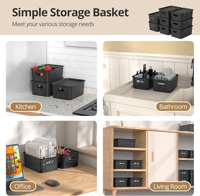 Plastic Storage Basket with Lid, Stackable Small Box Bins for Organizing and Containers for Shelves Drawers Desktop Closet Playroom Pantry Classroom Office Home, 8 Pack 10.2x7.2x4.1 Inch, Black