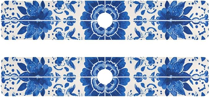Kitchen Sink Splash Guard 2 PCS 30 Inch Sink Faucet Mat Splash Guard for Bathroom Countertop Water Absorbent Foldable Cuttable Soft Washable Floral Blue and White Tile