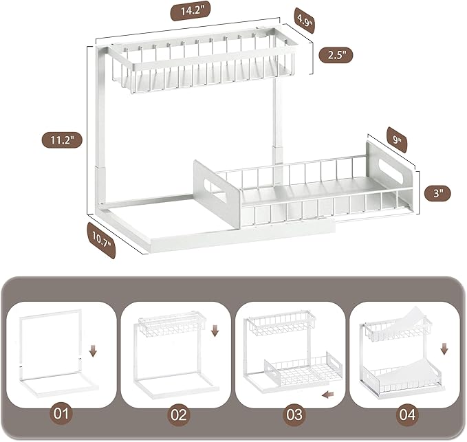 VUSIGN 2 Tier Under Sink Organizer and Storage, Slide Out Pull Out Cabinet Organizer Shelf, Storage for Kitchen Bathroom Laundry, 1Pack, White