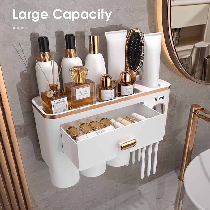 iHave Toothbrush Holders Wall Mounted with Toothpaste Dispenser & 3 Cups - Premium White and Gold Design for Bathroom Decor, All-in-One Bathroom Organizers & Storage for Toothbrushes and Accessories