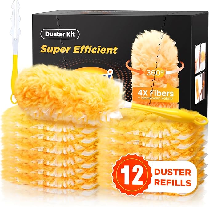 Heavy Duty Duster Refills for Swiffer Duster, 12 Count Duster Refills with 1 Handle, Multisurface 360° Dusters with 4X Microfibers, Unscented Disposable Dusters for Cleaning