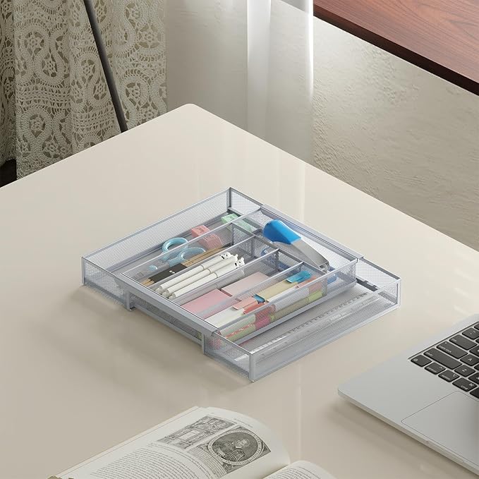 Silverware Organizer Metal Mesh, Drawer Organizer, Utensil Cutlery Tray Expandable Flatware Organizer with 7 Compartment Silver 9.6"~16.1" x 13.8"