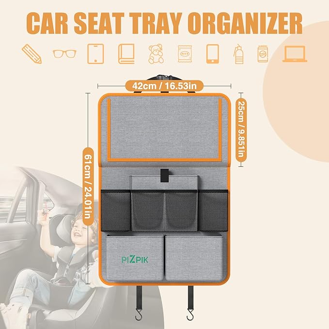 Car Backseat Organizer with Tablet Holder,11 Storage Pockets with Foldable Food Tray, Protector Kick Mats for Kids, Travel Accessories Organizer (Orange, 2Pack with Food Tray)