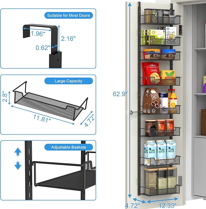 12.3" W Narrow Over the Door Pantry Organizer, 8-Tier Over the Door Organizer with Adjustable Basket, Pantry Door Organization for Pantry Kitchen Storage Room Spice Rack, Black