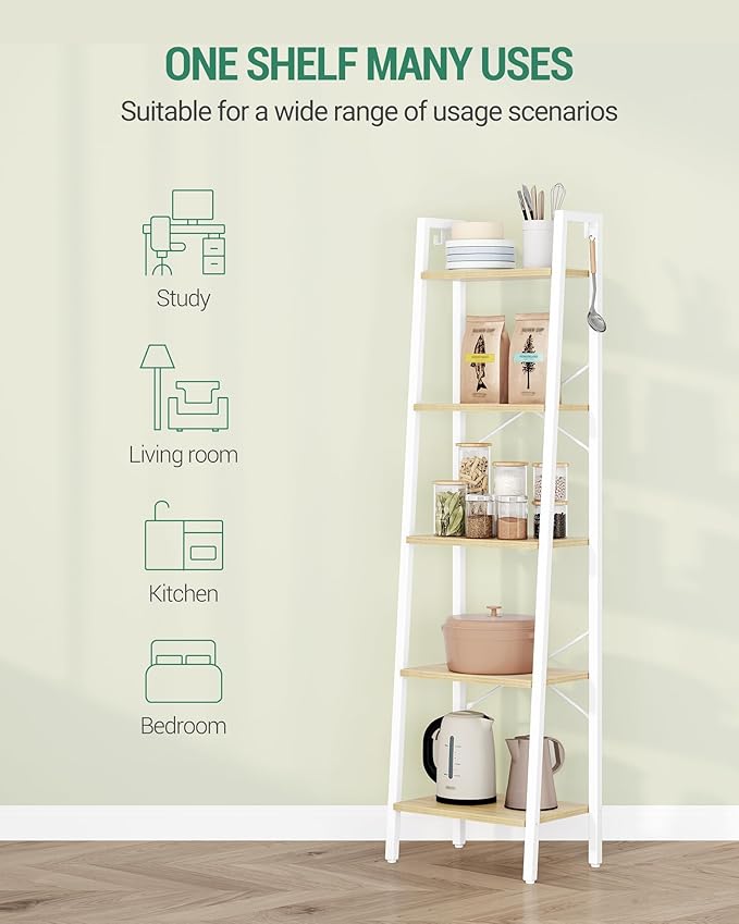 Ladder Shelf, Bookshelf Bookcase, Freestanding Corner Storage Shelve with 2 Hooks for Home Office, Living Room, Kitchen, Bedroom, Industrial, 11.8" D x 17.3" W x 63" H, White Oak and White