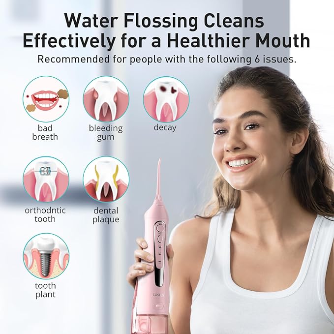 COSLUS Water Dental Flosser Teeth Pick C20(F5020E): Portable Cordless Oral Irrigator 300ML Rechargeable Travel Irrigation Cleaner IPX7 Waterproof Electric Flossing Machine for Teeth Cleaning, Pink