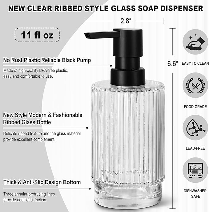 Glass Soap Dispenser with Pump, 11 fl oz Clear Hand Soap Dispensers for Bathroom, Ribbed Style Dish Soap Dispenser for Kitchen, Modern Refillable Liquid Soap Pump Bottle