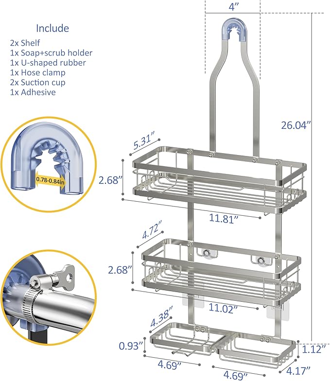 OMAIRA Shower Caddy Hanging with Soap Scrub Holder, Stainless Steel Adjustable No Drilling Non-Slip Large Capacity Sturdy Over Shower Head Shower Organizer Inside Shelves Bathroom Storage Rack, Silver