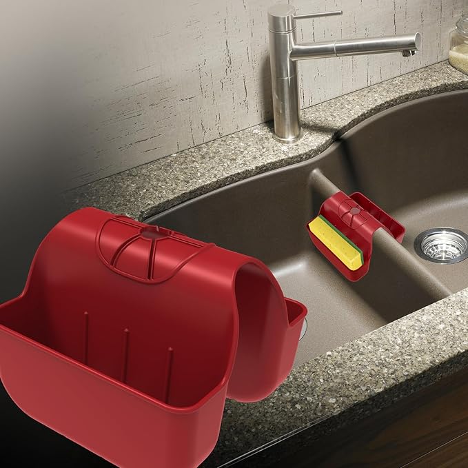 Sponge Holder for Kitchen Sink, Silicone Sink Saddle Caddy Organizer Rack, Sponges Holder Over Faucet, Hanging Kitchen Organizer Accessories Rack Basket - Red