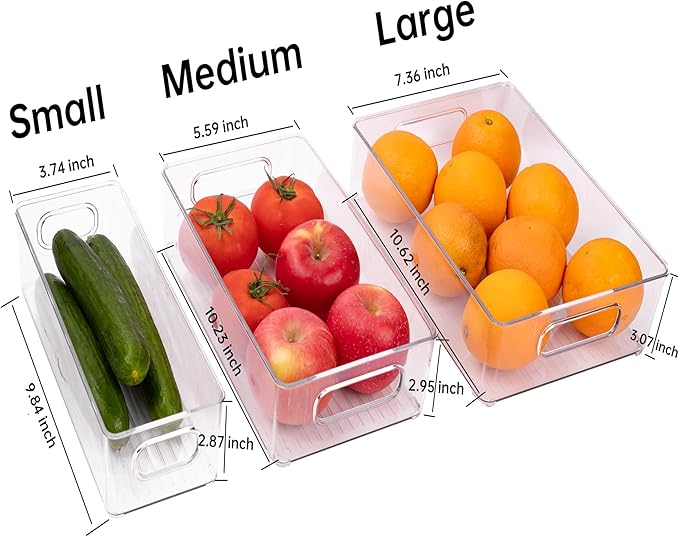 6 Pack Refrigerator Organizer Bins,3 Sizes Stackable Clear Pantry Storage with Handles for Fridge, Freezer, Shelves, Drawer, Snack Organizer for Home & Kitchen