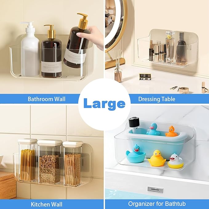 Diesisa Acrylic Wall Mount Organizer - 10.6" D x 5" W x 6" H, Large Size Adhesive Wall Self - Shower Caddies Organizer - Bathroom Shelves with Self Adhesive Tape for Bathroom, Kitchen - Large Size