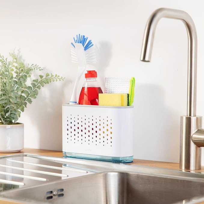Minky Slimline Sink Caddy - Sponge and Brush Holder for Kitchen, Sink Organizer with Brush Compartment, Removable Tray, Drainage Spout - Slim Design Fits Anywhere - Made in UK (White)