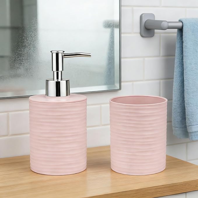 Bathroom Accessories Set, 2-Piece Pink Soap Dispenser & Toothbrush Holder with Ripple Texture & Rust-Proof Pump, Modern Matte Organization