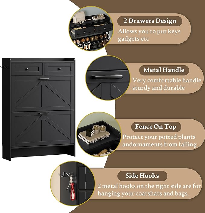 BORNOON Shoe Storage Cabinet for Entryway, Farmhouse Narrow Shoe Cabinet with 2 Flip Drawers & Top Drawers, Adjustable Shelves & Hooks, Freestanding Hidden Rack Organizer for Hallway, Foyer